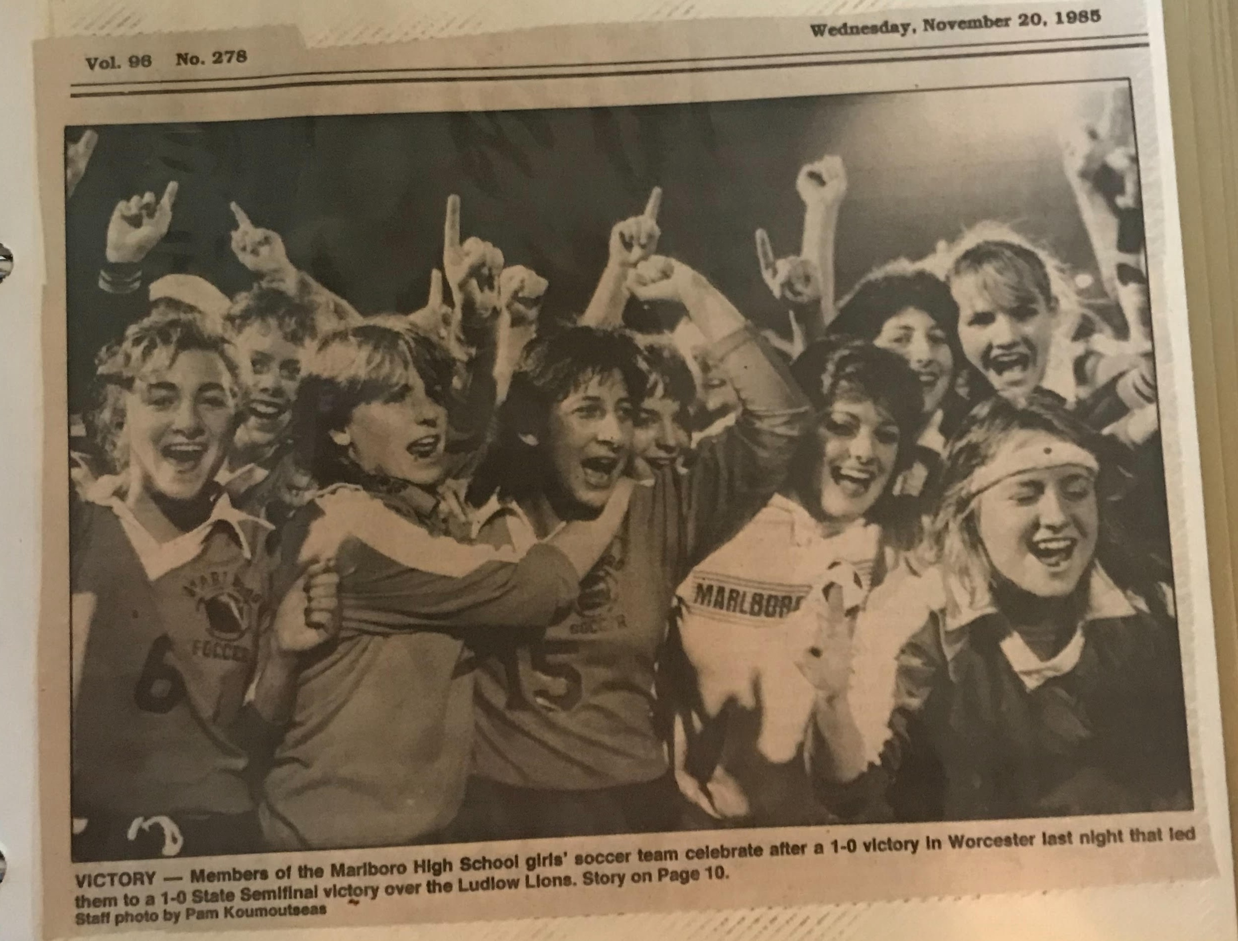 The 1985 Marlboro High girls soccer team celebrated a semifinal win en route to the Massachusetts Division 1 championship.