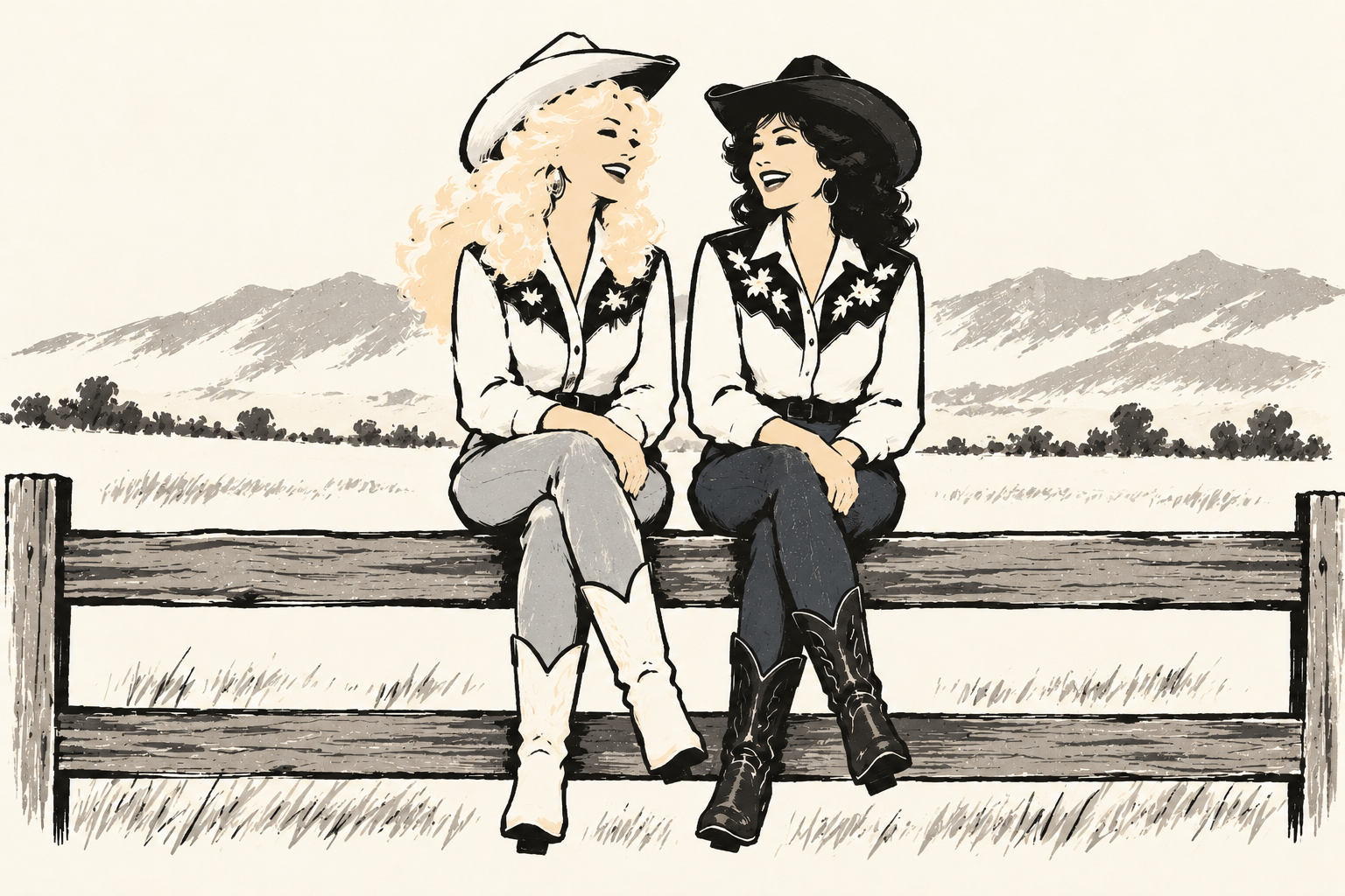 An AI illustration of Dolly Parton and Melveen Leed singing a duet.