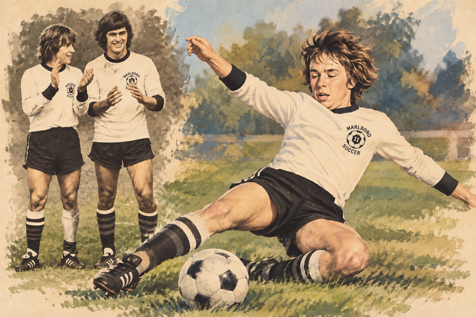 A composite AI image of mid-1970s Marlboro soccer star Lenny Fulham sliding and also giving applause with teammate Dom D'Alessio during a trophy presentation in 1975.